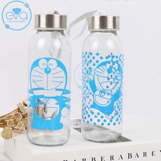 Bình Đựng Nước Thủy Tinh In Họa Tiết Hoạt Hình Mèo Mon Trong suốt Và Mờ Có Dây Xách 300 Ml