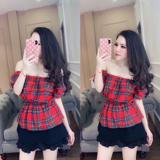 Áo caro sọc đỏ trễ vai