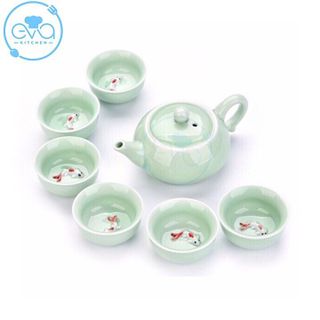 Bộ Ấm Chén Trà Men Ngọc Cá 3D