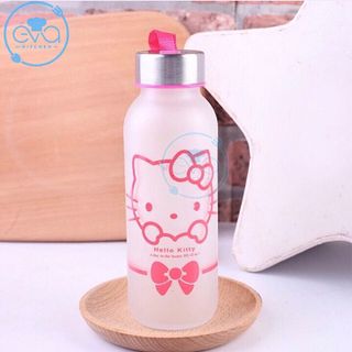 Bình Đựng Nước Thủy Tinh In Họa Tiết Hoạt Hình Mèo Kity Trong suốt Và Mờ Có Dây Xách 300 Ml