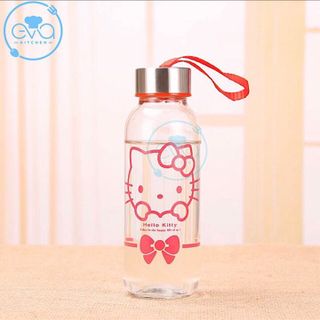 Bình Đựng Nước Thủy Tinh In Họa Tiết Hoạt Hình Mèo Kity Trong suốt Và Mờ Có Dây Xách 300 Ml