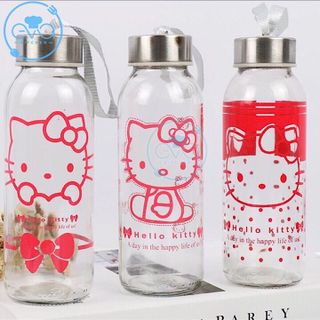 Bình Đựng Nước Thủy Tinh In Họa Tiết Hoạt Hình Mèo Kity Trong suốt Và Mờ Có Dây Xách 300 Ml