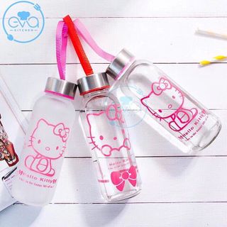 Bình Đựng Nước Thủy Tinh In Họa Tiết Hoạt Hình Mèo Kity Trong suốt Và Mờ Có Dây Xách 300 Ml