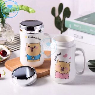 Ly Sứ Giữ Nhiệt Nắp Gương Hoạ Tiết Hoạt Hình Chú Heo Ủn Ỉn