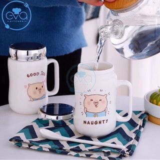 Ly Sứ Giữ Nhiệt Nắp Gương Hoạ Tiết Hoạt Hình Chú Heo Ủn Ỉn