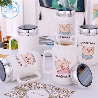Ly Sứ Giữ Nhiệt Nắp Gương Hoạ Tiết Hoạt Hình Chú Heo Ủn Ỉn