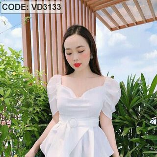 Set áo lụa trắng tay phồng quần váy xòe
