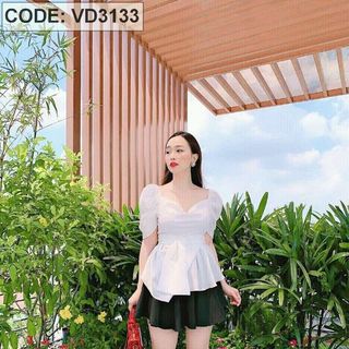 Set áo lụa trắng tay phồng quần váy xòe