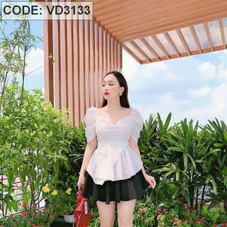 Set áo lụa trắng tay phồng quần váy xòe