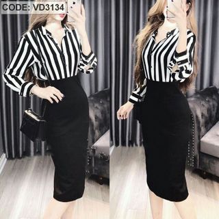 Set áo sơ mi sọc váy body đen