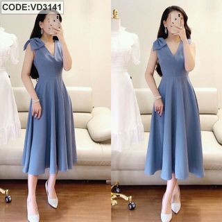 Đầm xòe xanh biển vai nơ