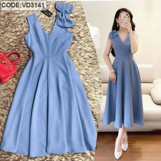 Đầm xòe xanh biển vai nơ