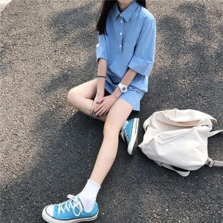 Đầm suông xanh cổ trụ