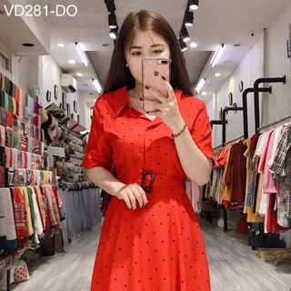 ĐẦM XÒE CHẤM BI CỔ SƠ MI KÈM BELT