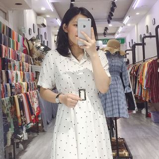 ĐẦM XÒE CHẤM BI CỔ SƠ MI KÈM BELT