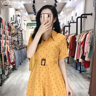 ĐẦM XÒE CHẤM BI CỔ SƠ MI KÈM BELT