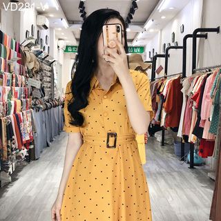ĐẦM XÒE CHẤM BI CỔ SƠ MI KÈM BELT