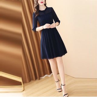 Đầm Kiểu Cổ Bèo 2 Lớp Nhúng Eo Xòe Xanh Navy Cao Cấp