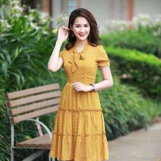 đầm chấm bi nhún 3 tầng