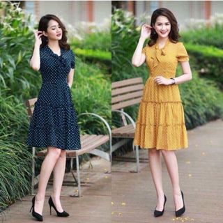 đầm chấm bi nhún 3 tầng