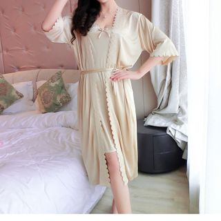 Set váy ngủ kèm áo choàng thun trơn mát nhiều màu AN15