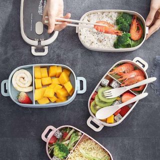 Hộp đựng cơm 2 tầng lúa mạch hình chữ nhật tặng thìa dĩa đũa