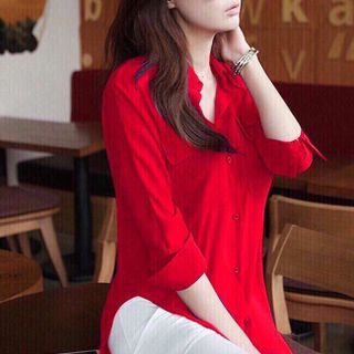 Áo sơ mi form dài xẻ eo