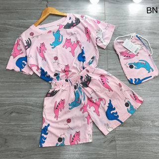 đồ bộ mặc nhà nữ dễ thương bằng vải thun đẹp giá rẻ đùi hoạt hình kèm túi đựng BN 27277 Kèm Ảnh Thật