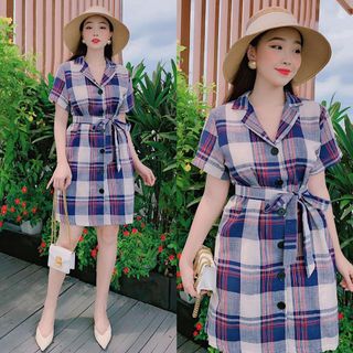 ĐẦM CARO CỔ VEST PHỐI NÚT