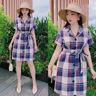 ĐẦM CARO CỔ VEST PHỐI NÚT