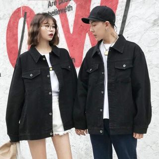 Khoác kaki jean đen chữ thêu