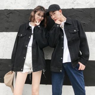 Khoác kaki jean đen chữ thêu