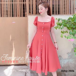 ĐẦM CỔ VUÔNG ĐÍNH NÚT