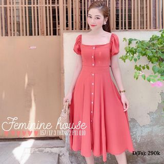 ĐẦM CỔ VUÔNG ĐÍNH NÚT