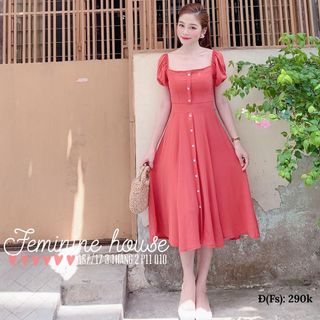 ĐẦM CỔ VUÔNG ĐÍNH NÚT