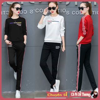 sét thể thao nữ màu trắng 100 COTTON xịn quần dài áo dài tay cổ tròn thu đông cao cấp đẹp tập gym chạy bộ giá sỉ