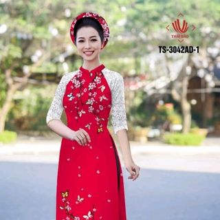 Áo dài truyền thống phối tay ren đỏ