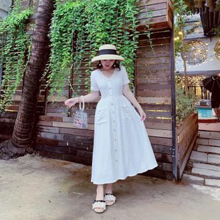Midi Rebeca - Váy đũi linen 2 túi đính nút