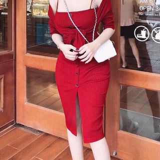 Set Đầm Body Kèm Áo Khoác Ngoài Nút