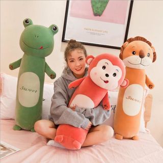 Gối Ôm Thỏ Sư Tử Khỉ Ếch Dài 70cm Màu Hồng Siêu Mềm Cho Em Bé 4 mẫu