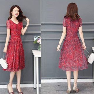 Đầm Hoa Đỏ Bông Lúa In Nhiệt 3D Voan Lụa Cao Cấp
