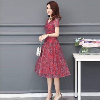Đầm Hoa Đỏ Bông Lúa In Nhiệt 3D Voan Lụa Cao Cấp