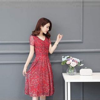 Đầm Hoa Đỏ Bông Lúa In Nhiệt 3D Voan Lụa Cao Cấp