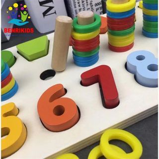 Giáo cụ Montessori cột tính học đếm và hình khối bằng gỗ