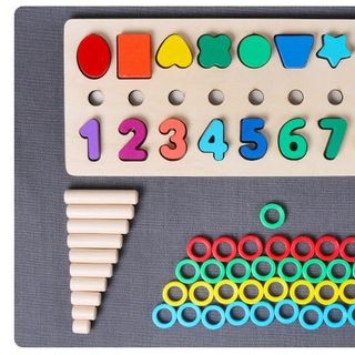 Giáo cụ Montessori cột tính học đếm và hình khối bằng gỗ