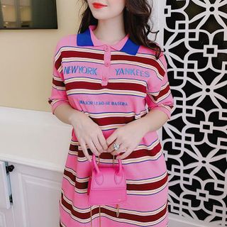 ĐẦM SUÔNG SỌC CỔ BẺ THÊU CHỮ