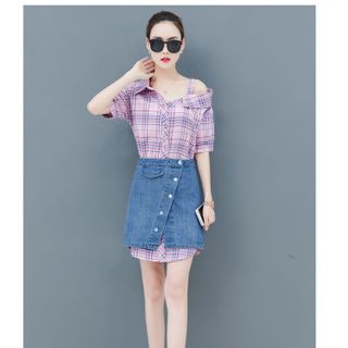 Set bộ pull jeanÁo thun cottonváy jean form mặc thoải mái set áo sơ mi và váy