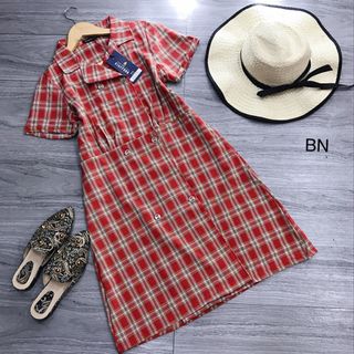 đầm váy suông đẹp dài hàn quốc mùa hè công sở caro cổ vest đỏ 2 hàng cúc BN 68457 Kèm Ảnh Thật
