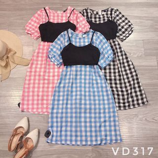 Set Đầm Caro Áo Thắt Nơ 317