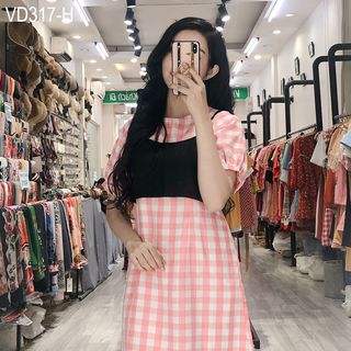 Set Đầm Caro Áo Thắt Nơ 317
